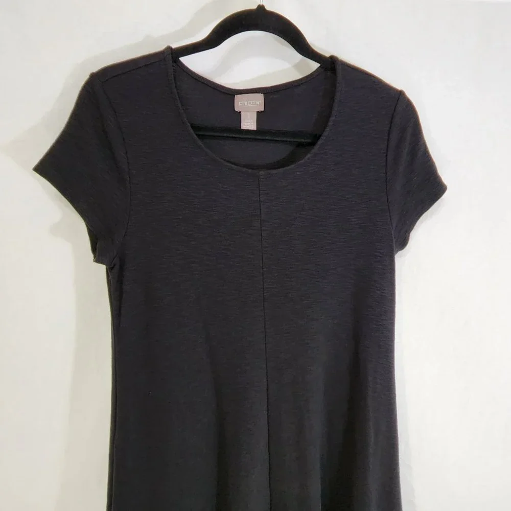 CHICO'S Black Seamed Tee Mixi Dress with Asymmetrical Hem Size 1 (8/M) LIKE NEW - Picture 8 of 16